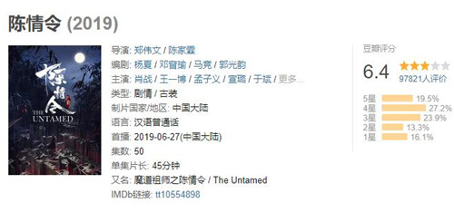 陈情令豆瓣评分是多少 陈情令剧评