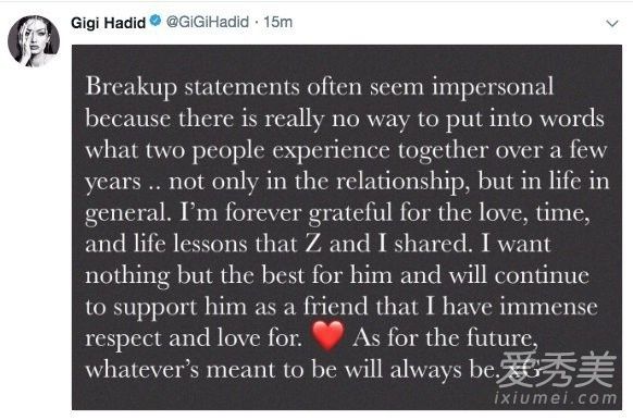 Zayn Malik与超模女友Gigi Hadid宣布分手