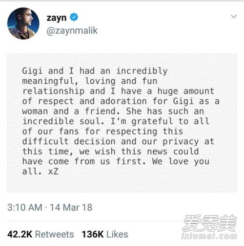 Zayn Malik与超模女友Gigi Hadid宣布分手