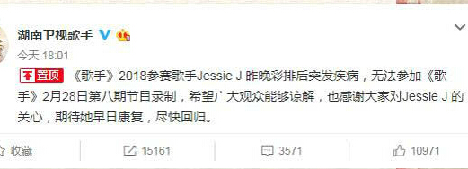 结石姐突发疾病休赛 结石姐还会继续录制歌手吗