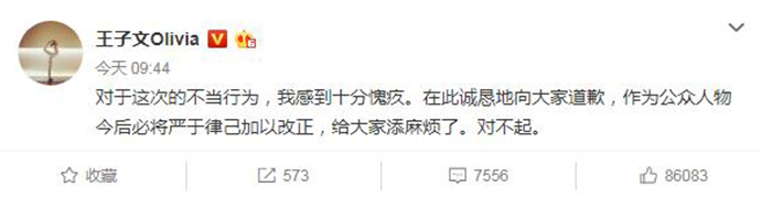 王子文道歉 脚踩高铁桌板被批后发文道歉称十分愧疚