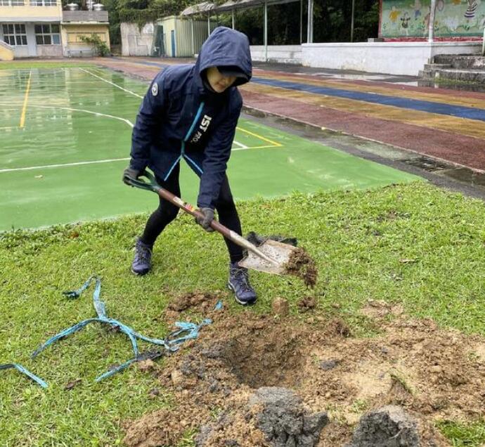 林依晨植树节种树 兴致勃勃拿铁锹穿雨衣种树