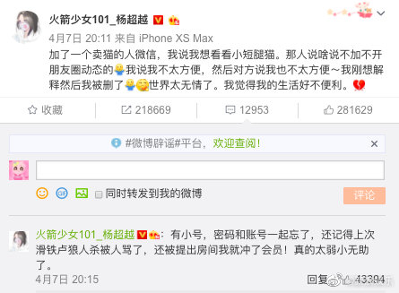 杨超越被卖猫的人删好友:世界太无情了