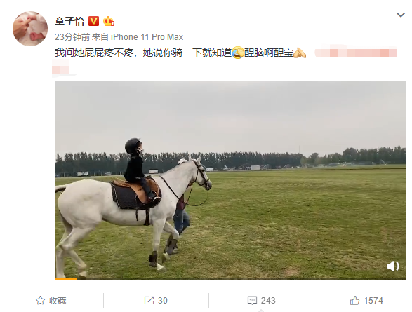 章子怡女儿醒醒骑马视频曝光 动作可爱十足