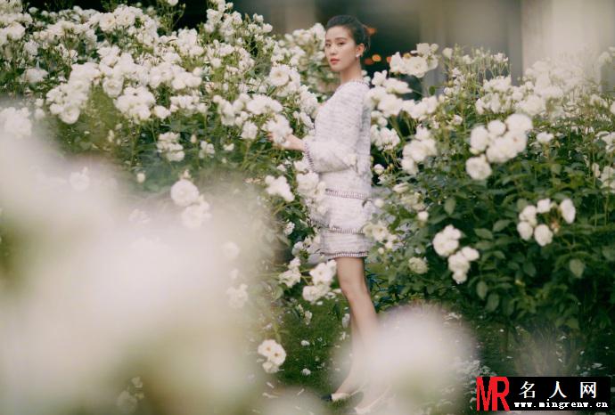 刘诗诗身穿纯白套装漫步花丛中 诠释人比花娇(1)
