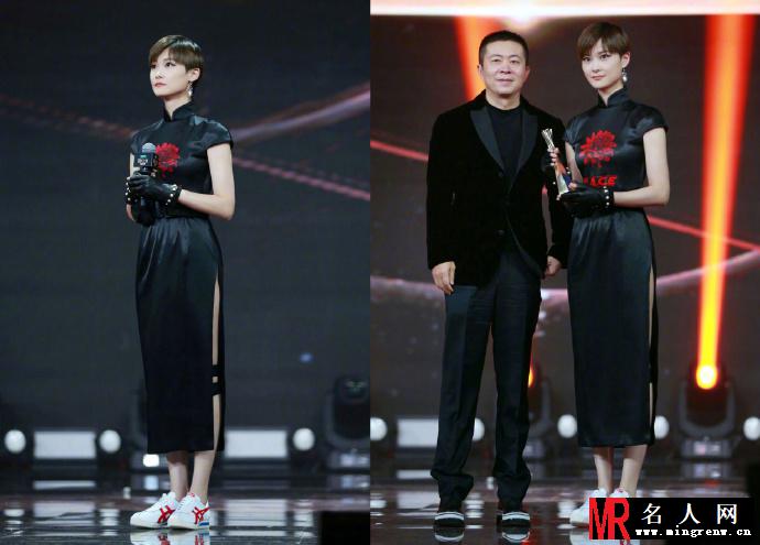 李宇春穿别致黑色旗袍出席微博之夜 获“年度国际影响力艺人”(1)